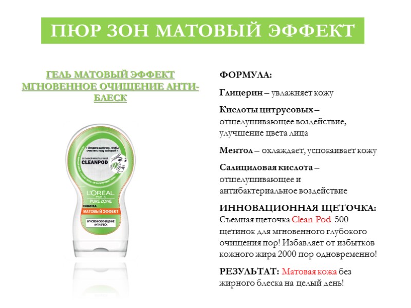 ФОРМУЛА: Глицерин – увлажняет кожу Кислоты цитрусовых – отшелушивающее воздействие, улучшение цвета лица Ментол